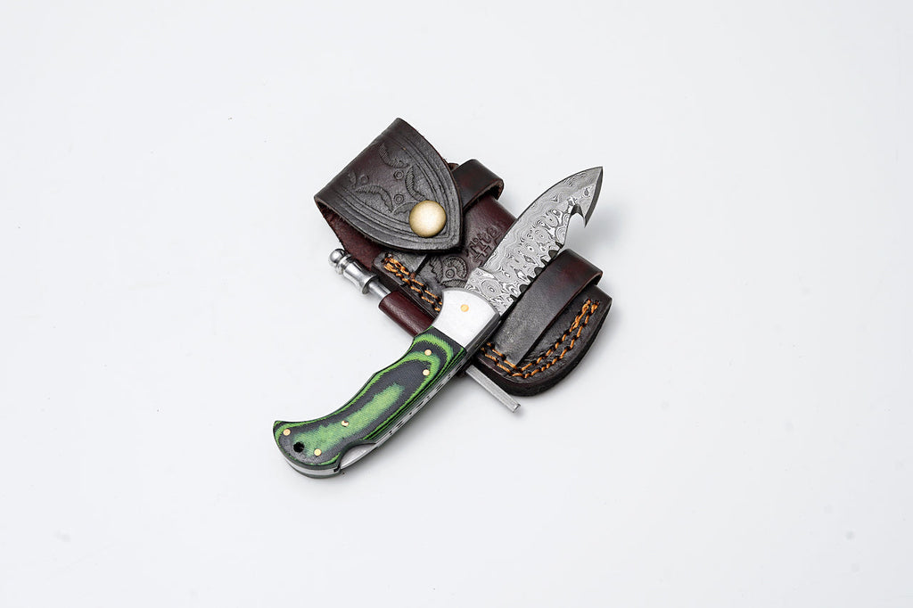 Green Micarta Damascus Gut Hook Hunting Knife TF-103