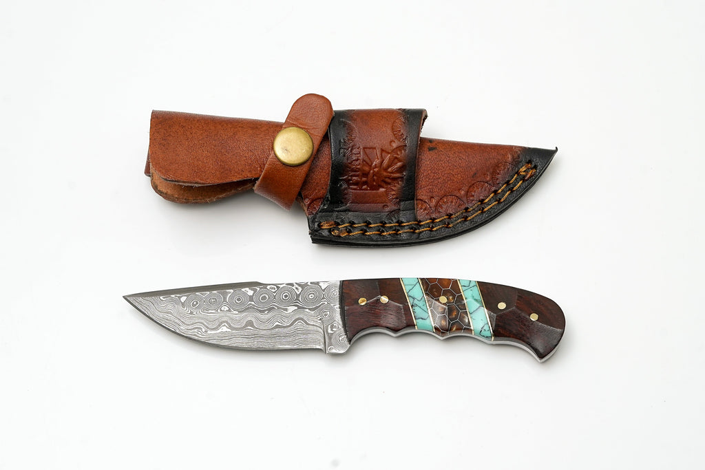 Hand-Forged Damascus Steel Skinner | Custom Amber Honeycomb & Turquoise Handle | Premium Western Field Knife TK-465