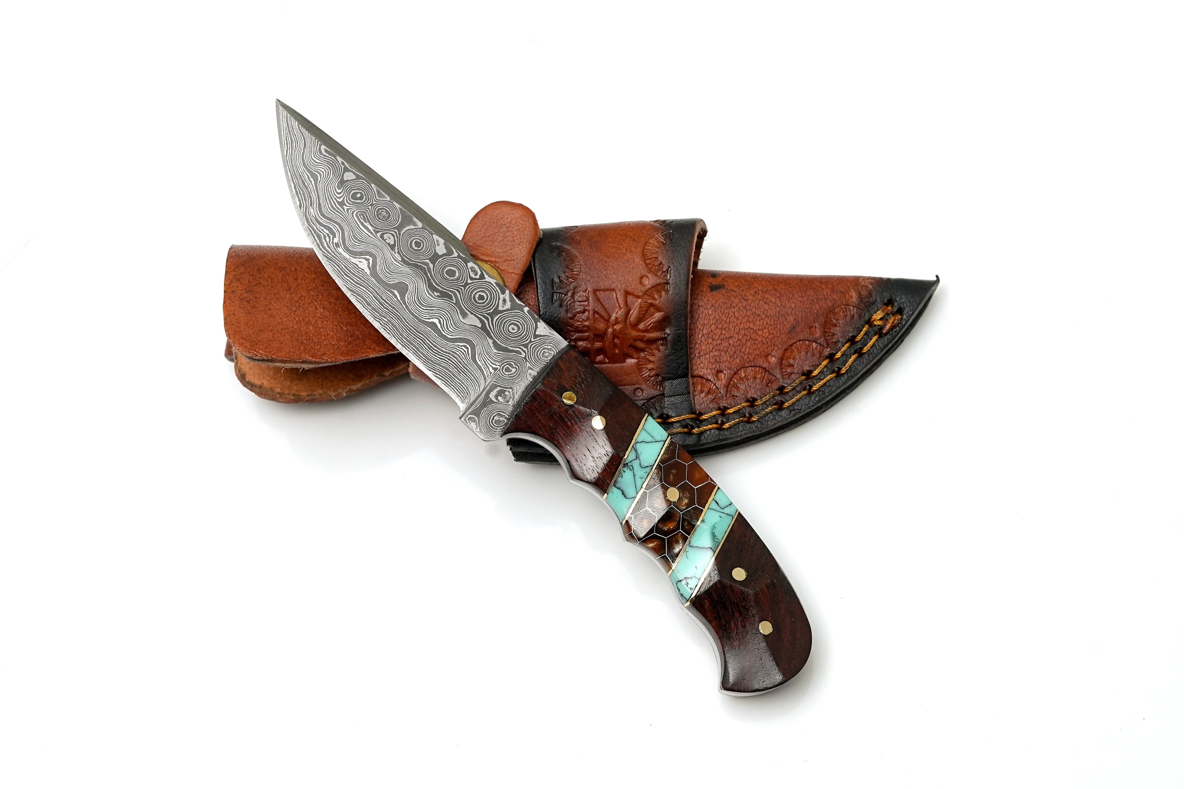 Hand-Forged Damascus Steel Skinner | Custom Amber Honeycomb & Turquoise Handle | Premium Western Field Knife TK-465
