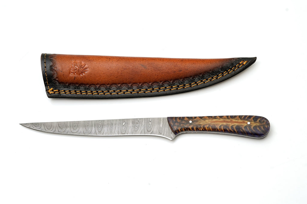 Hand-Forged Damascus Steel Fillet Knife | Custom Purple Pine Cone Resin Handle | Premium Fishing & Boning Tool TK-466