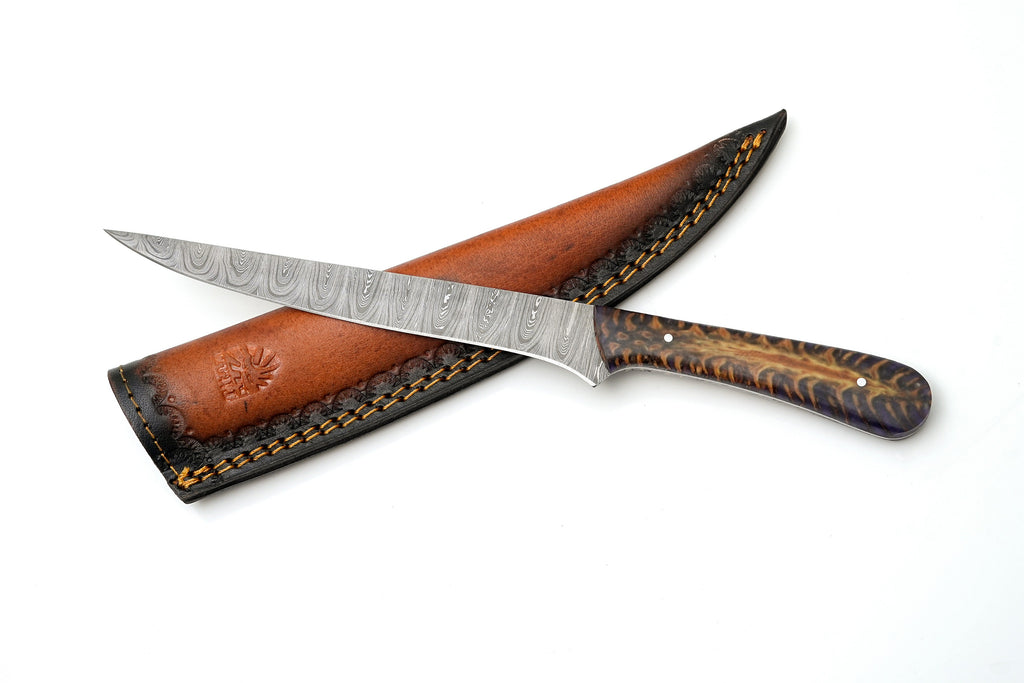 Hand-Forged Damascus Steel Fillet Knife | Custom Purple Pine Cone Resin Handle | Premium Fishing & Boning Tool TK-466