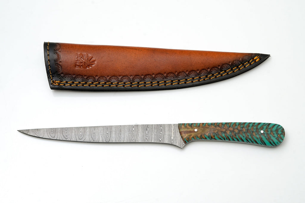 Hand-Forged Damascus Steel Fillet Knife | Custom Teal Pine Cone Resin Handle | Professional Fishing Tool TK-469
