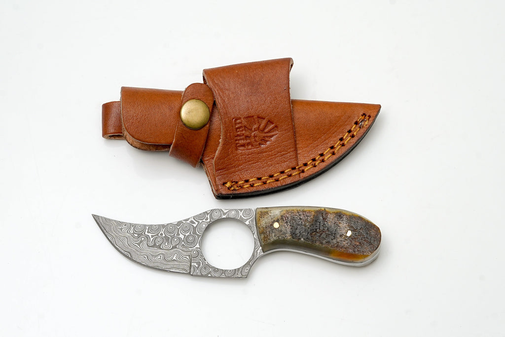 Hand-Forged Damascus Ring Skinner | Natural Ram Horn Handle | Secure Finger-Loop Field Knife TK-472