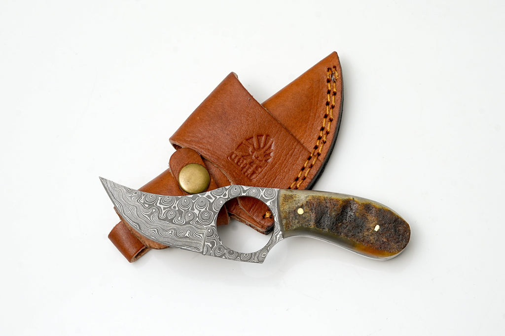 Hand-Forged Damascus Ring Skinner | Natural Ram Horn Handle | Secure Finger-Loop Field Knife TK-472