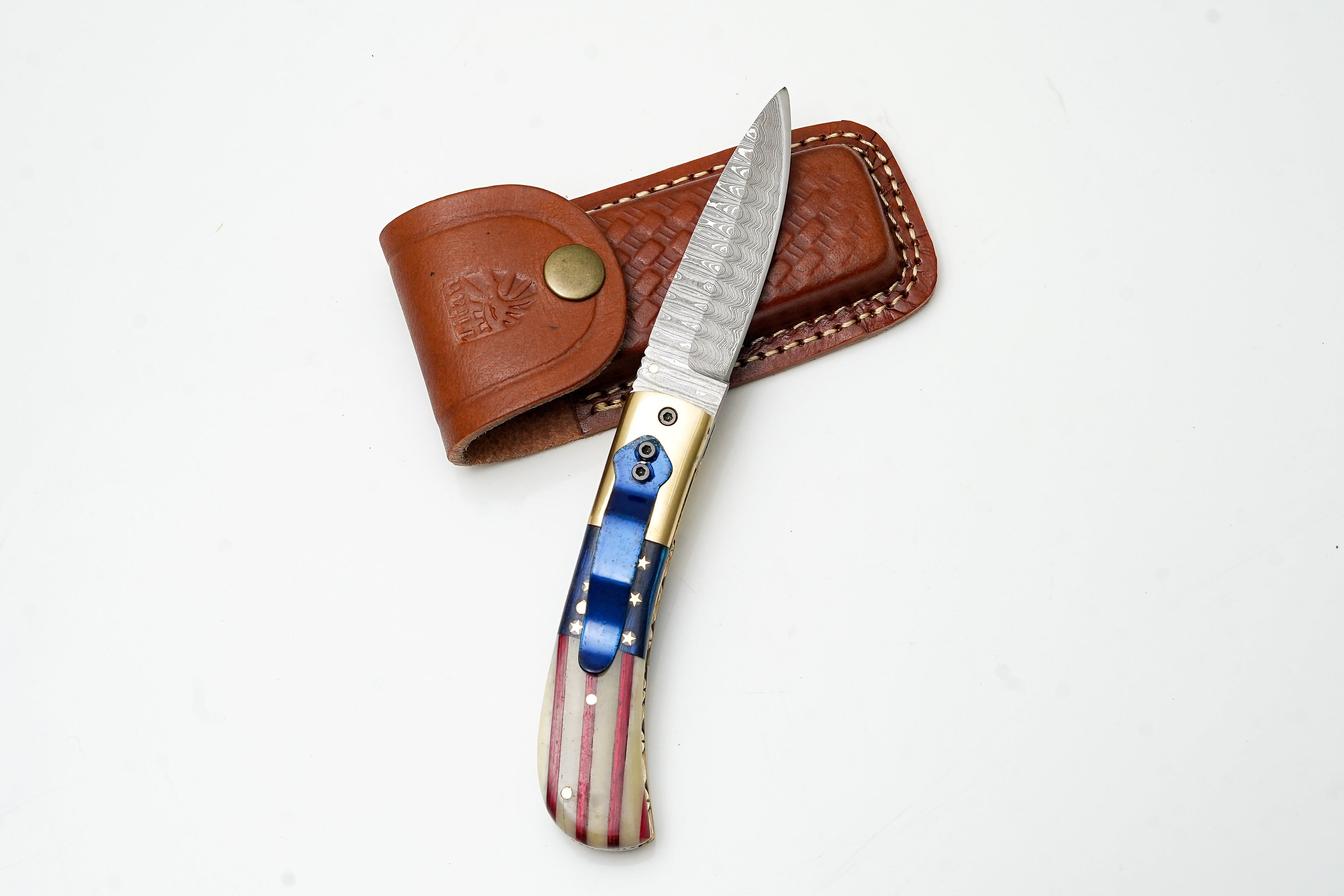 Patriotic American Flag Folding Knife | Hand-Forged Damascus Steel | Custom Blue Pocket Clip Edition TF-101