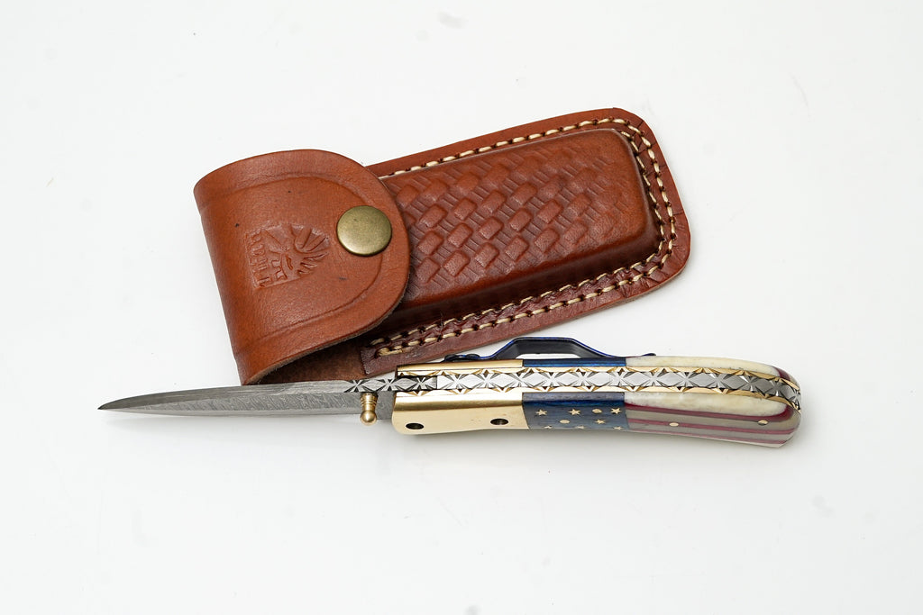 Patriotic American Flag Folding Knife | Hand-Forged Damascus Steel | Custom Blue Pocket Clip Edition TF-101