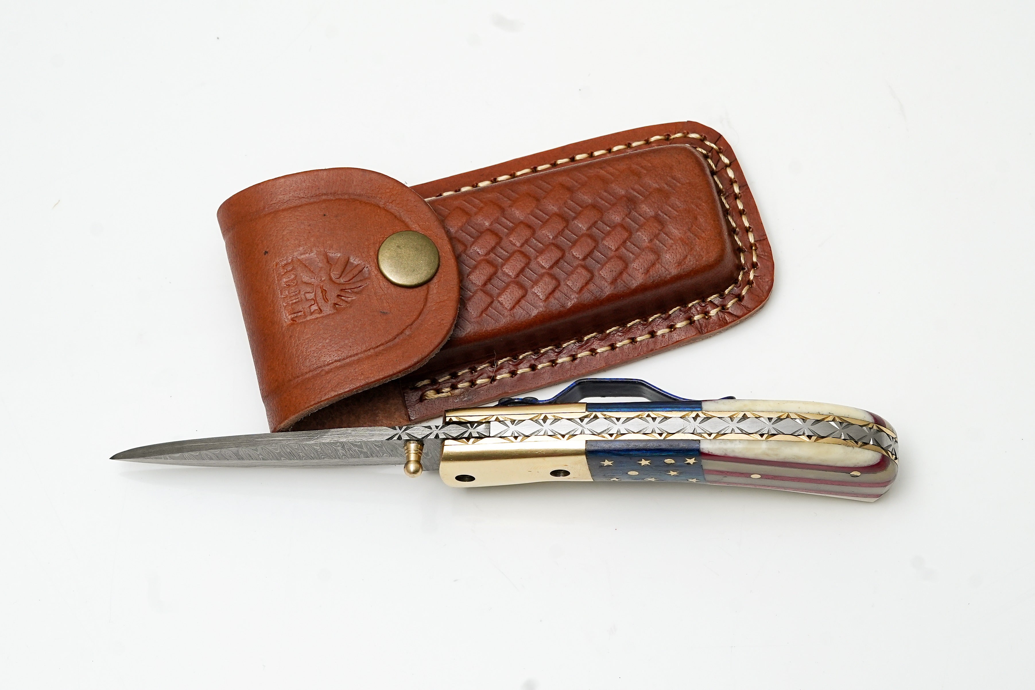 Patriotic American Flag Folding Knife | Hand-Forged Damascus Steel | Custom Blue Pocket Clip Edition TF-101