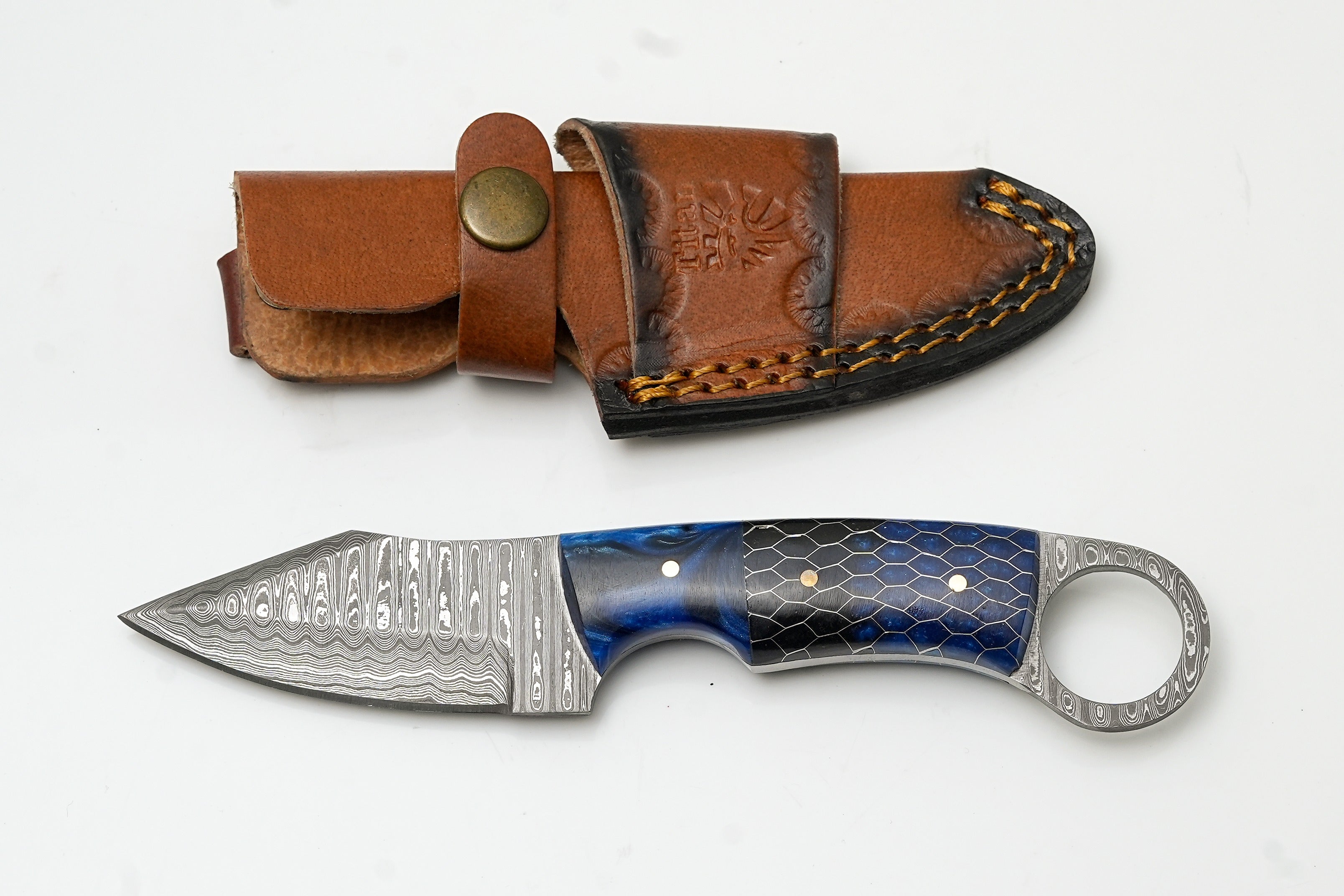 Hand-Forged Damascus Ring Skinner | Custom Blue Honeycomb Handle | Secure Finger-Loop Knife TK-477