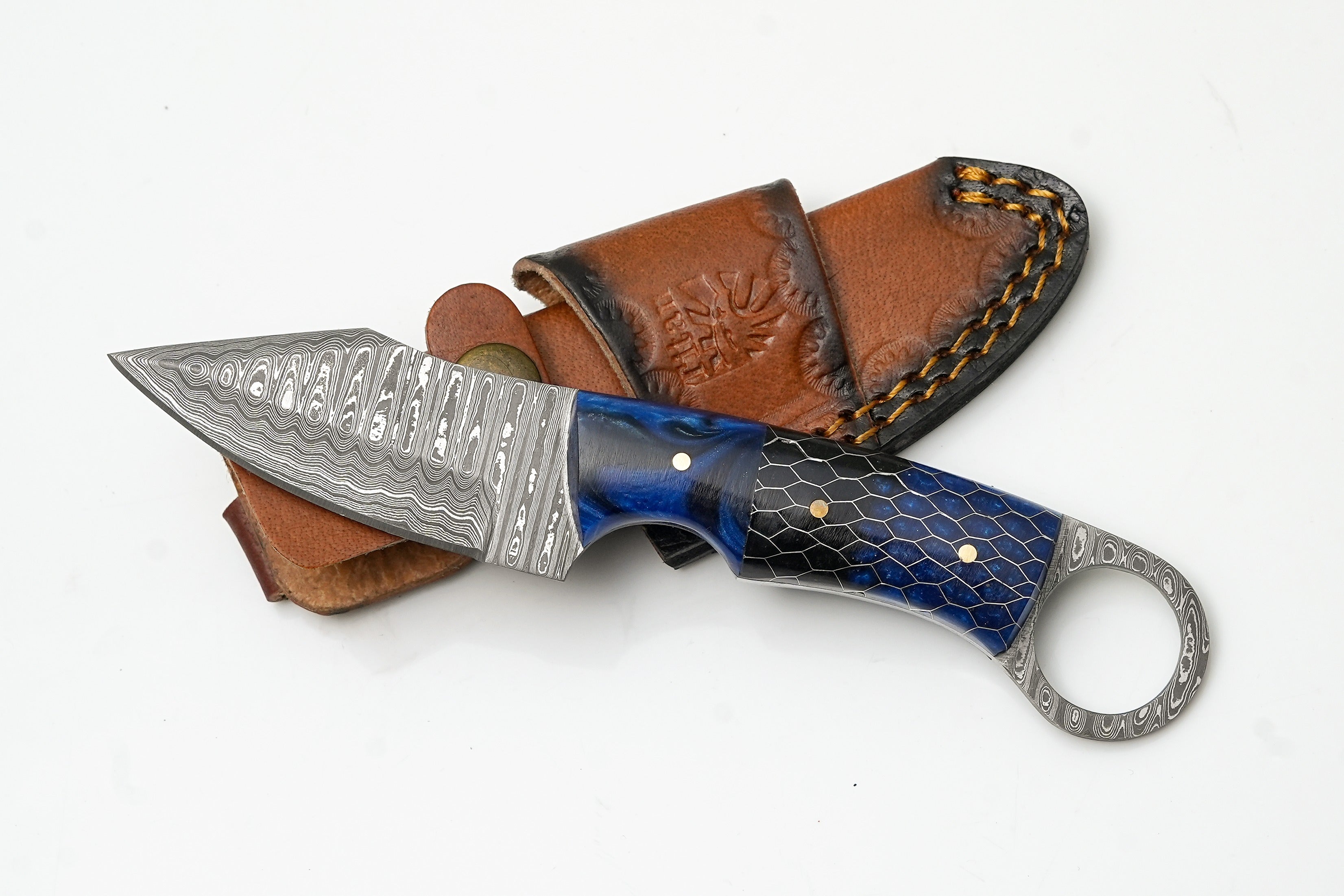 Hand-Forged Damascus Ring Skinner | Custom Blue Honeycomb Handle | Secure Finger-Loop Knife TK-477