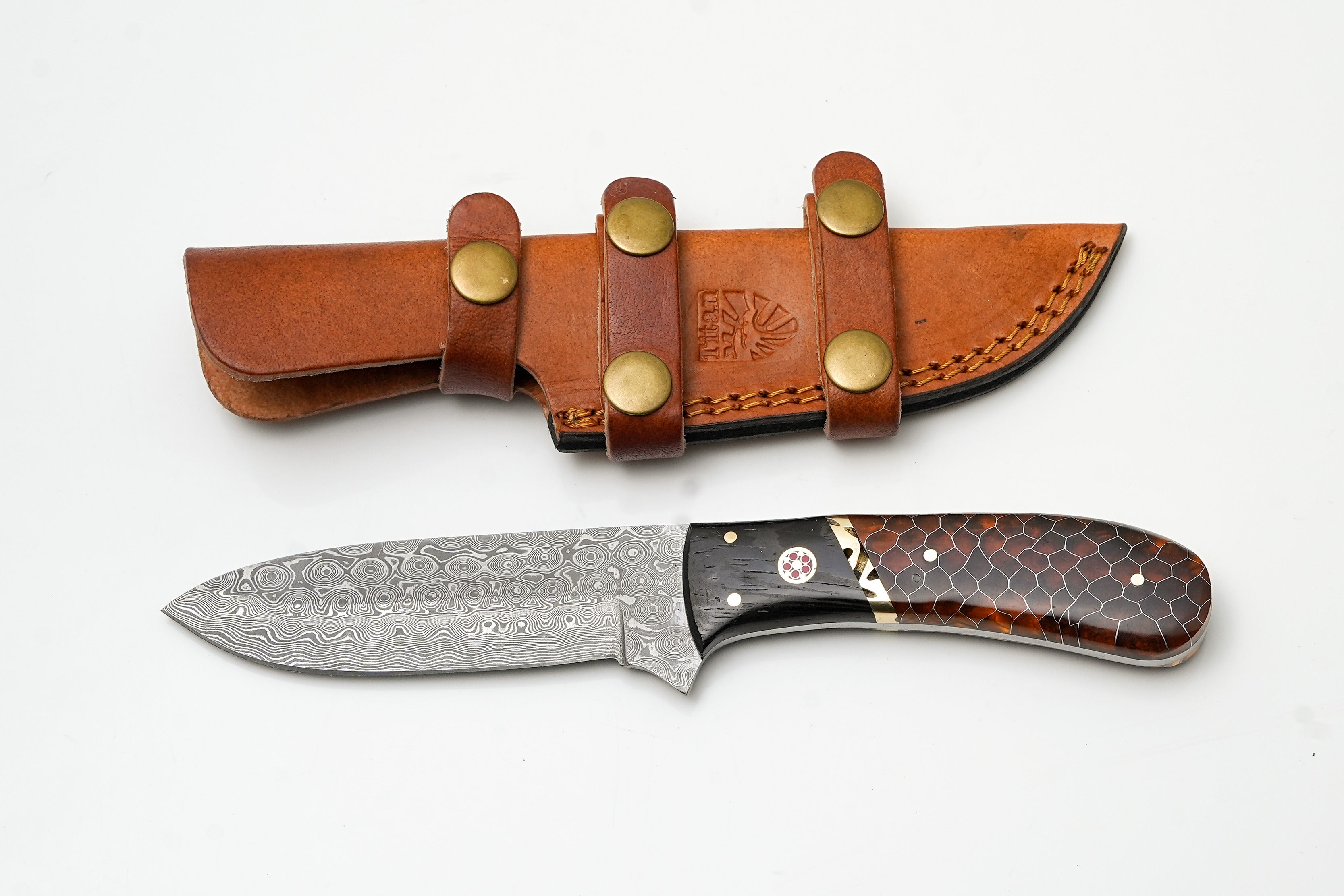 Hand-Forged Damascus Hunter | Amber Honeycomb & Black Wood Handle | Scout Carry Sheath TK-478