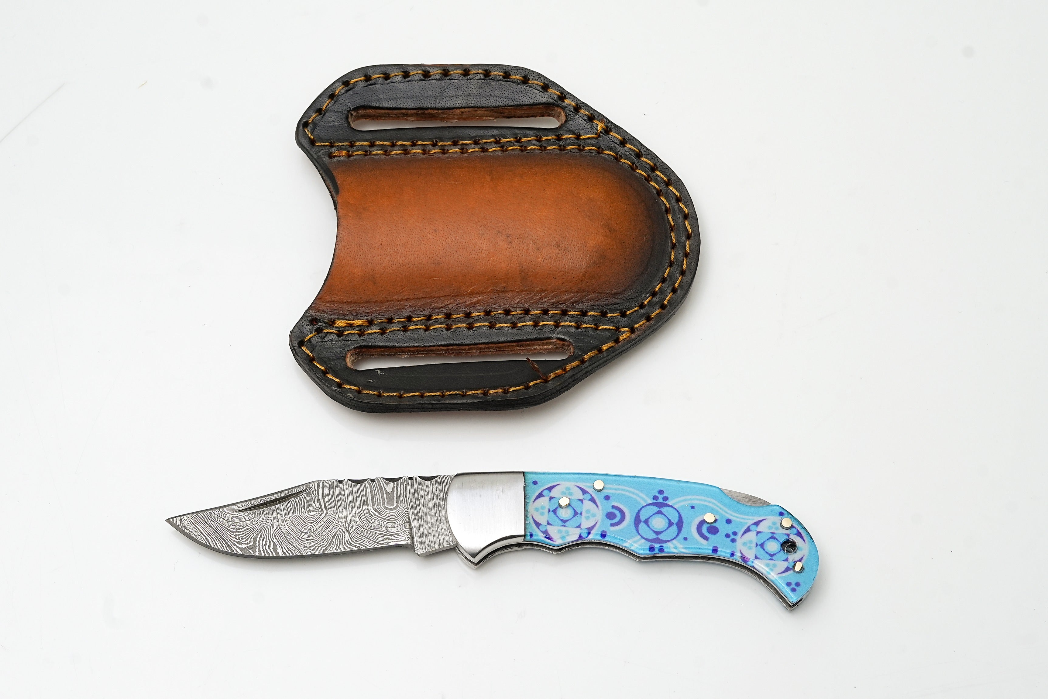 Hand-Forged Damascus Folding Knife | Custom "Blue Mosaic" Art Handle | Horizontal Pancake Sheath TF-083