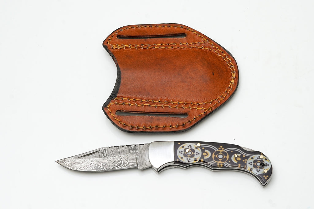 Hand-Forged Damascus Drop Point Folding Knife | Black & Gold Mosaic Handle | Horizontal Carry TF-085