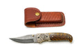 Custom Damascus Steel Clip Point Folding Knife | HAND Engraved Eagle Bolster & Amber Pine Cone Handle TK-484