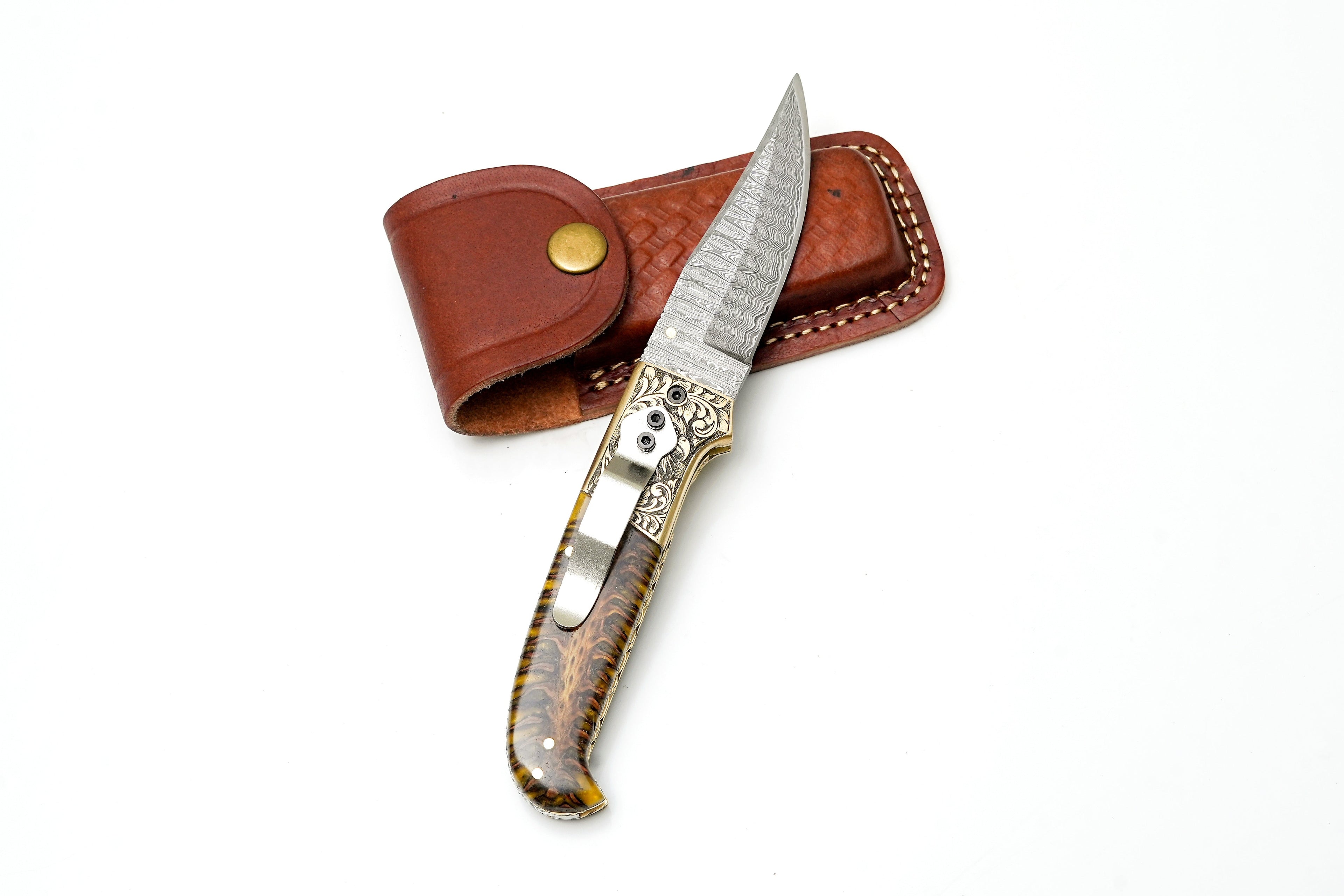 Custom Damascus Steel Clip Point Folding Knife | HAND Engraved Eagle Bolster & Amber Pine Cone Handle TK-484