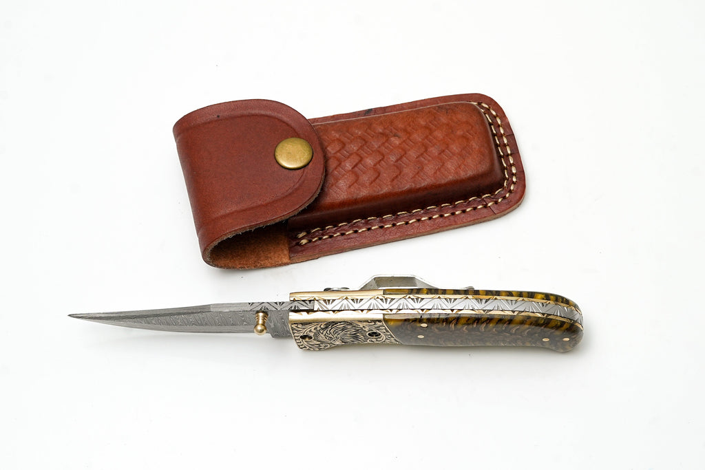 Custom Damascus Steel Clip Point Folding Knife | HAND Engraved Eagle Bolster & Amber Pine Cone Handle TK-484