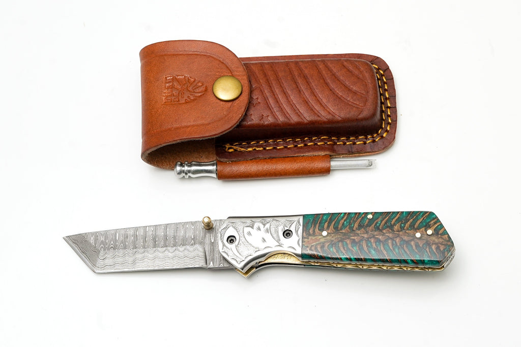 Damascus Steel Tanto Folding Knife | Engraved Bolster & Green Pine Cone Handle | Includes Sharpening Rod TK-485