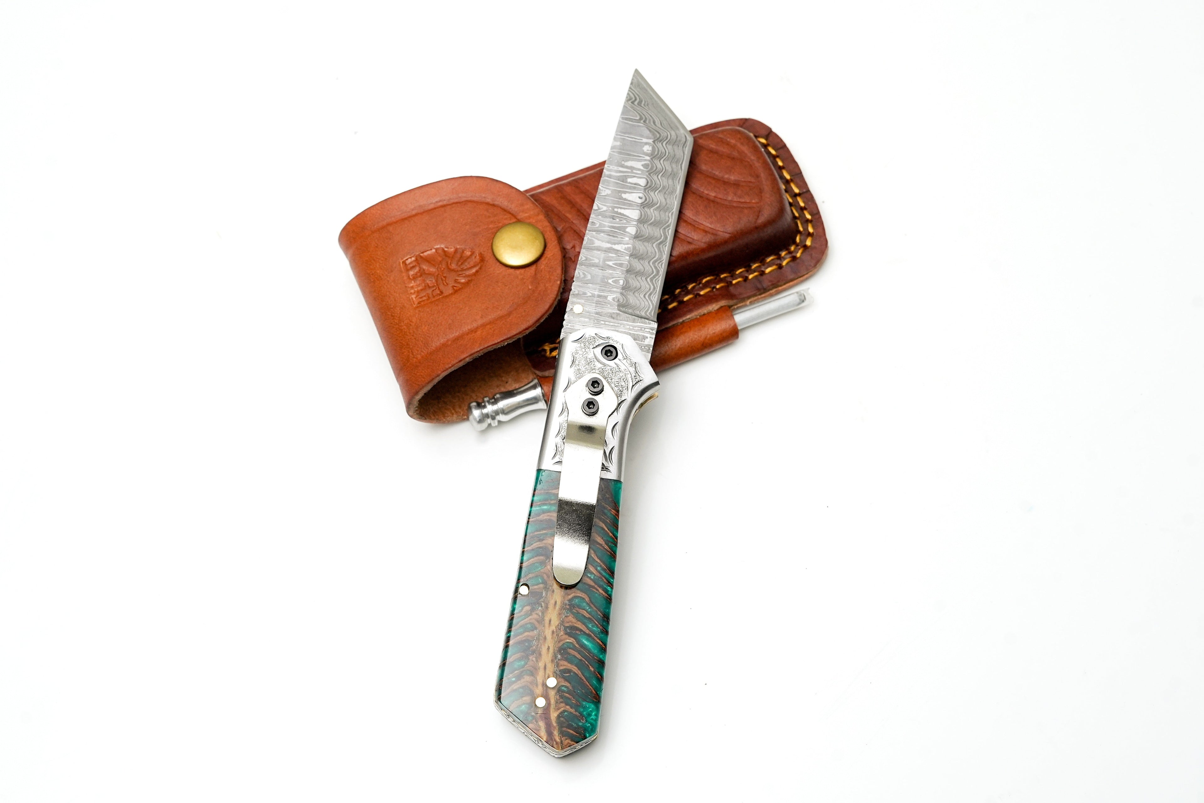 Damascus Steel Tanto Folding Knife | Engraved Bolster & Green Pine Cone Handle | Includes Sharpening Rod TK-485