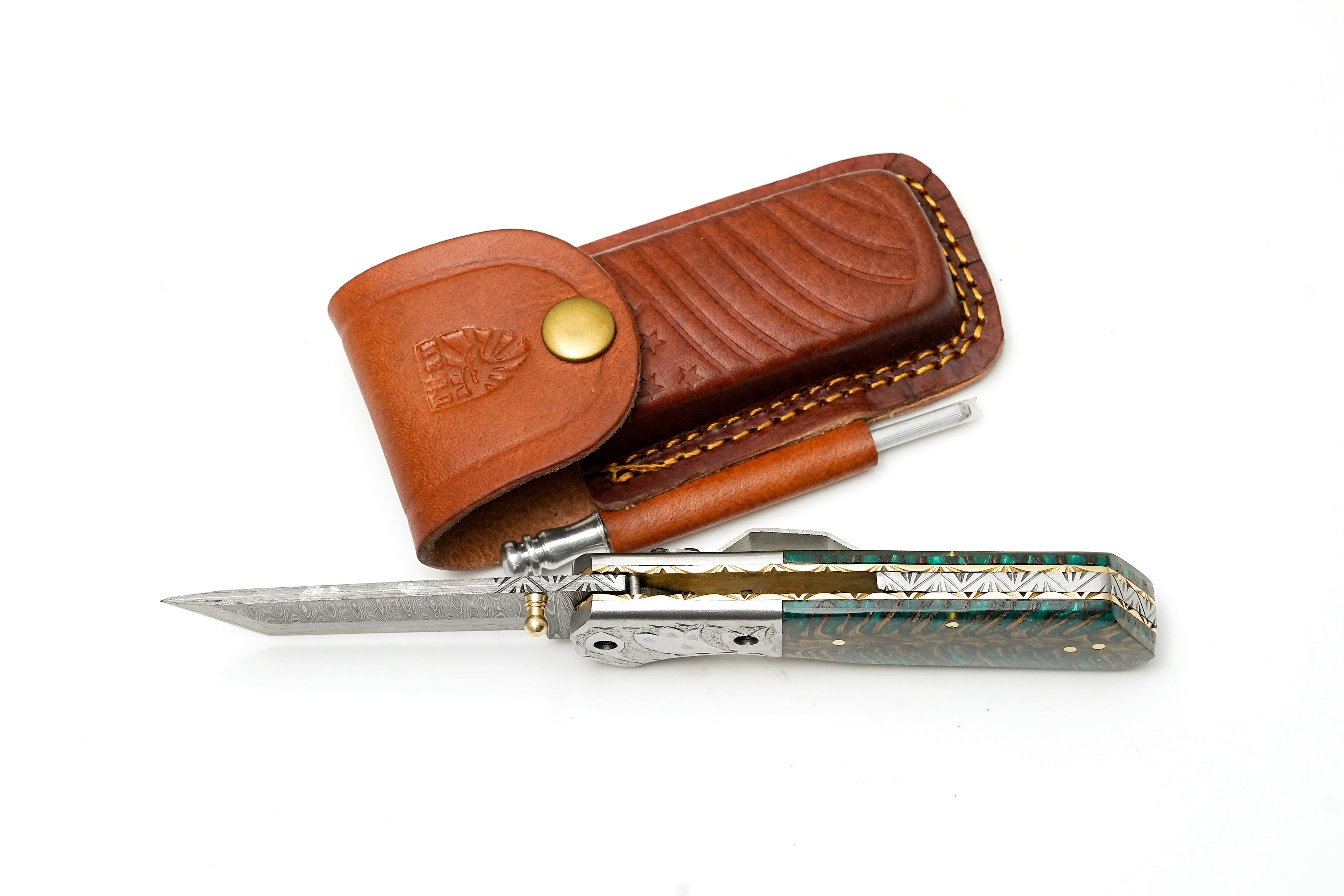 Damascus Steel Tanto Folding Knife | Engraved Bolster & Green Pine Cone Handle | Includes Sharpening Rod TK-485
