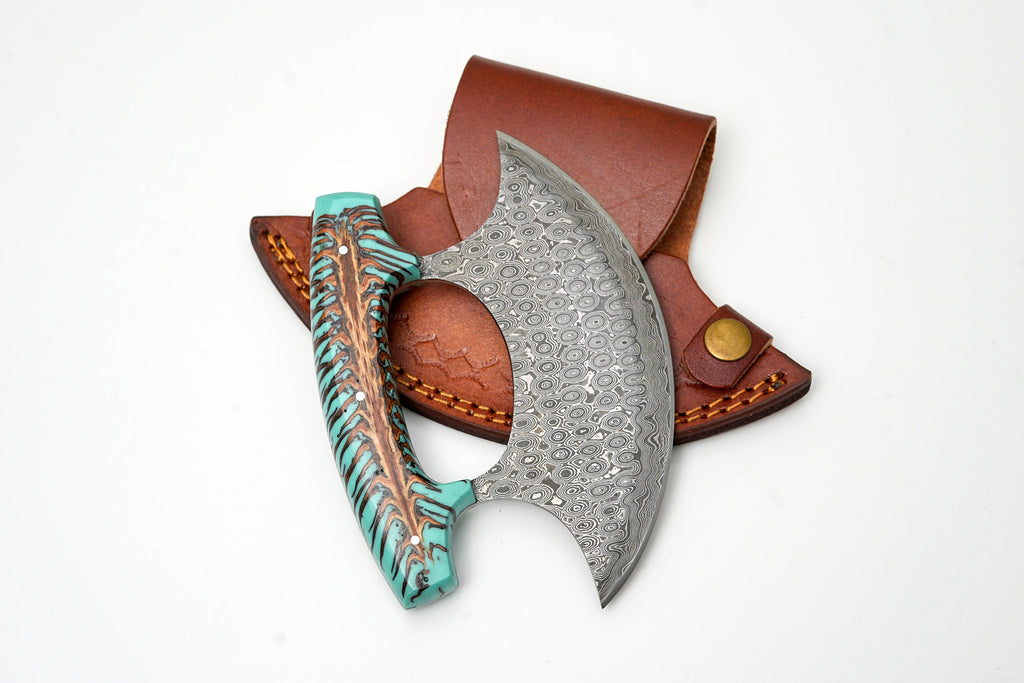 Damascus Steel Ulu Knife | Teal Pine Cone Handle | Crescent Blade Skinner & Cutter TK-487
