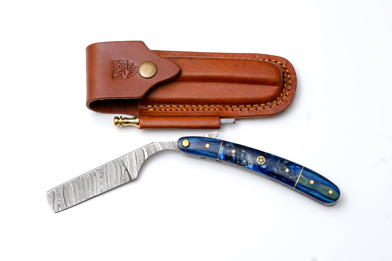 Damascus straight razor with blue resin handle TK-439