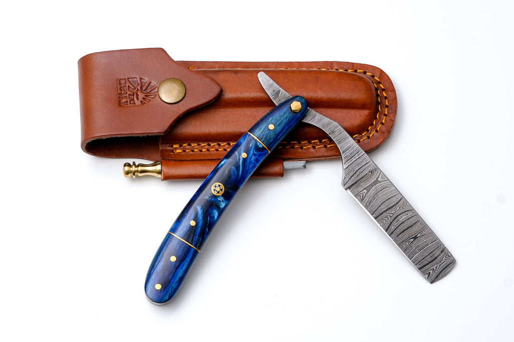 Damascus straight razor with blue resin handle TK-439