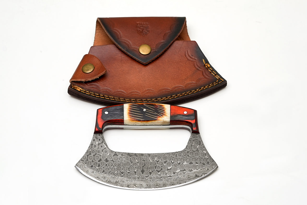 Hand-Forged Damascus Ulu Knife with Leather Sheath - TK-458