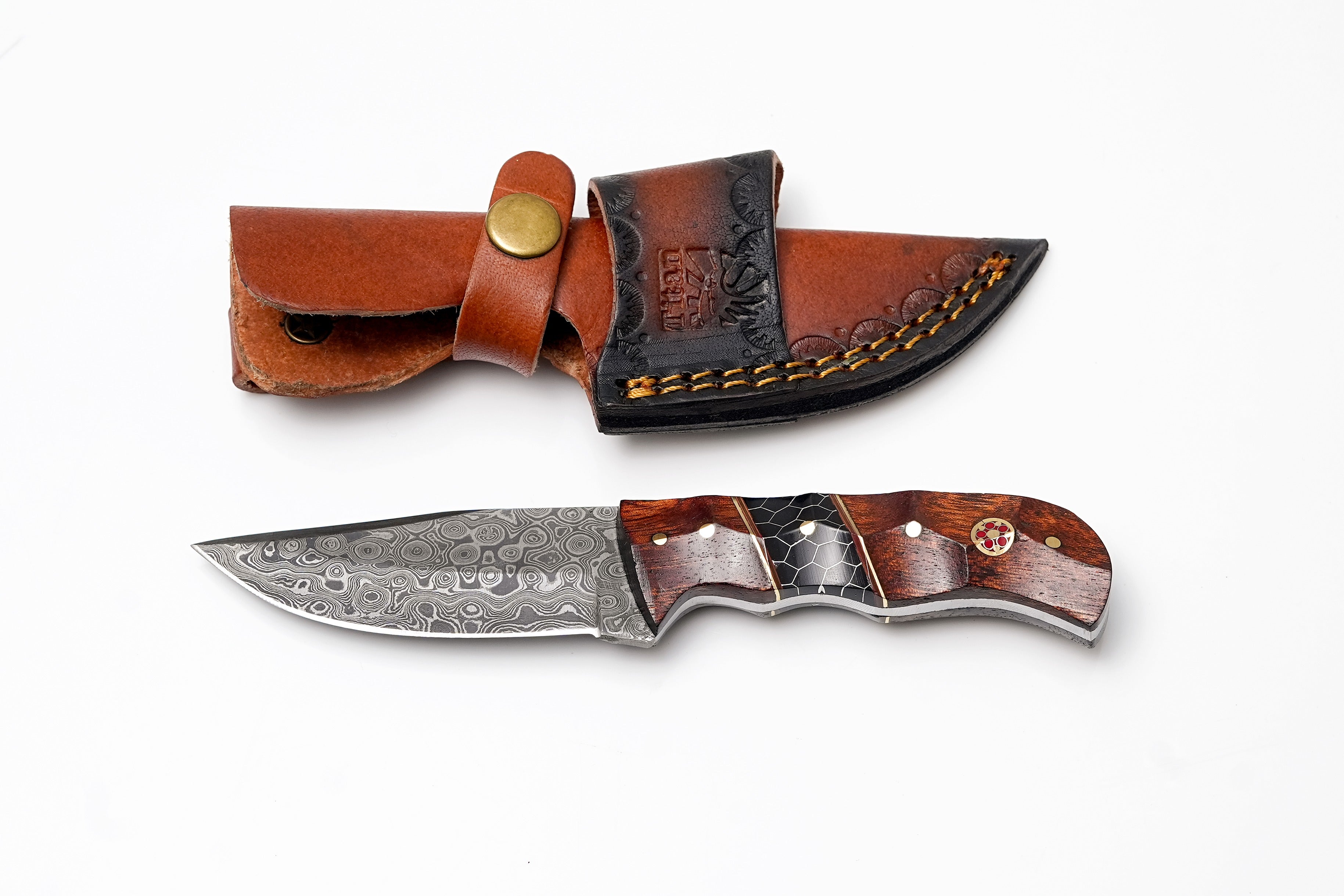 Custom Damascus Steel Drop Point Hunter | Rosewood & Black Honeycomb Handle | Scout Carry Sheath TK-488