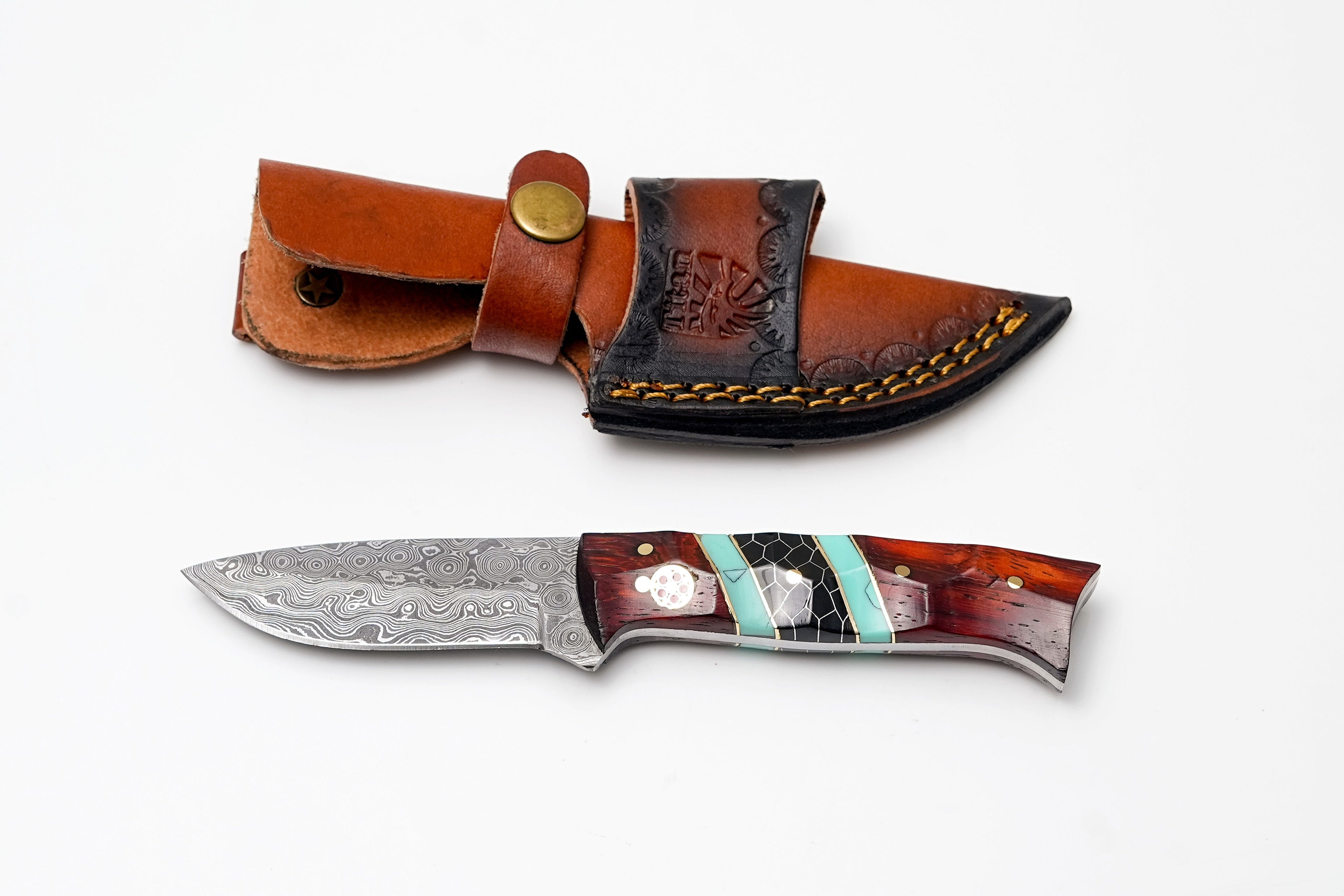 Custom Damascus Steel Drop Point Hunter | Rosewood, Turquoise & Black Honeycomb Handle | Scout Carry TK-489