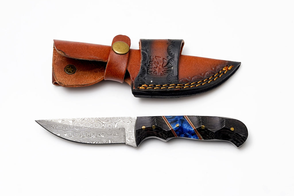Custom Damascus Steel Drop Point Hunter | Sculpted Black Wood & Blue Resin Handle | Scout Carry TK-490