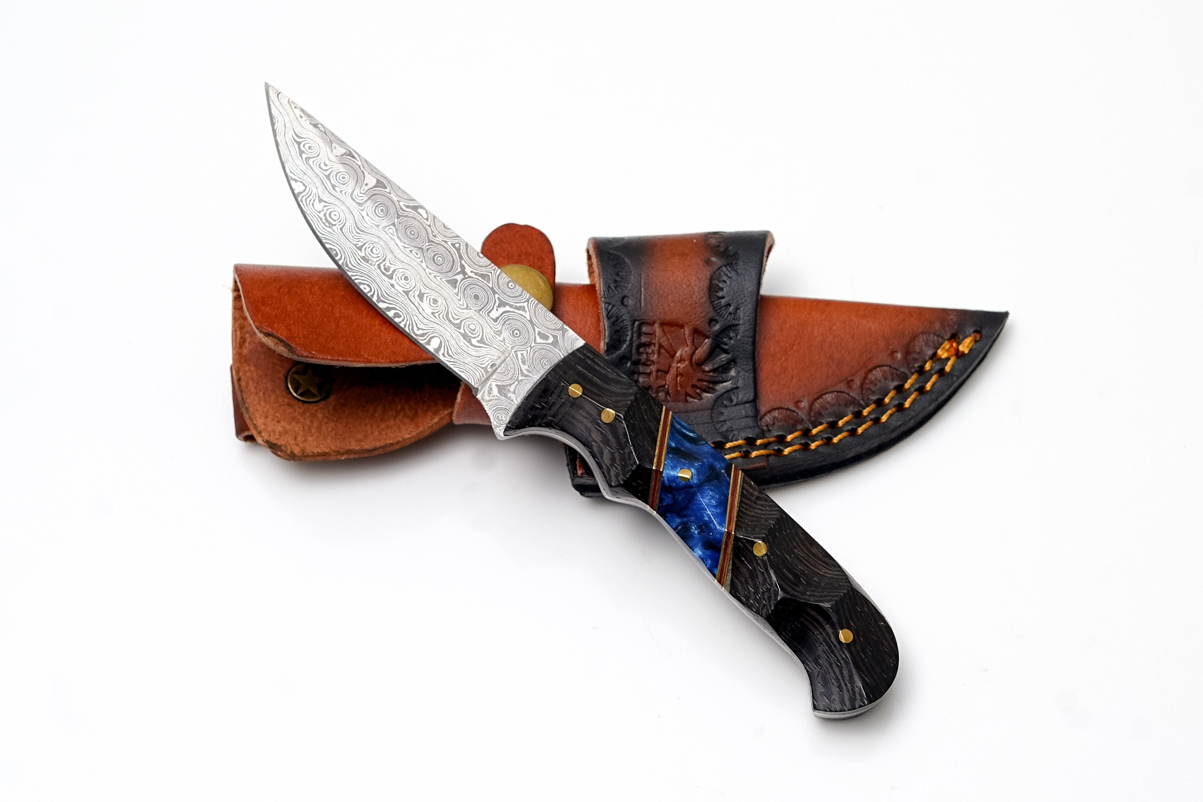 Custom Damascus Steel Drop Point Hunter | Sculpted Black Wood & Blue Resin Handle | Scout Carry TK-490