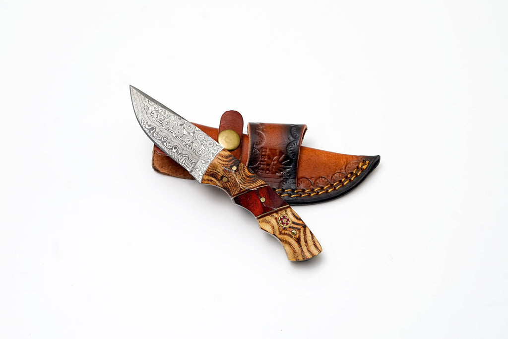 Custom Damascus Steel Drop Point Hunter | Exotic Bocote & Rosewood Handle | Scout Carry TK-493