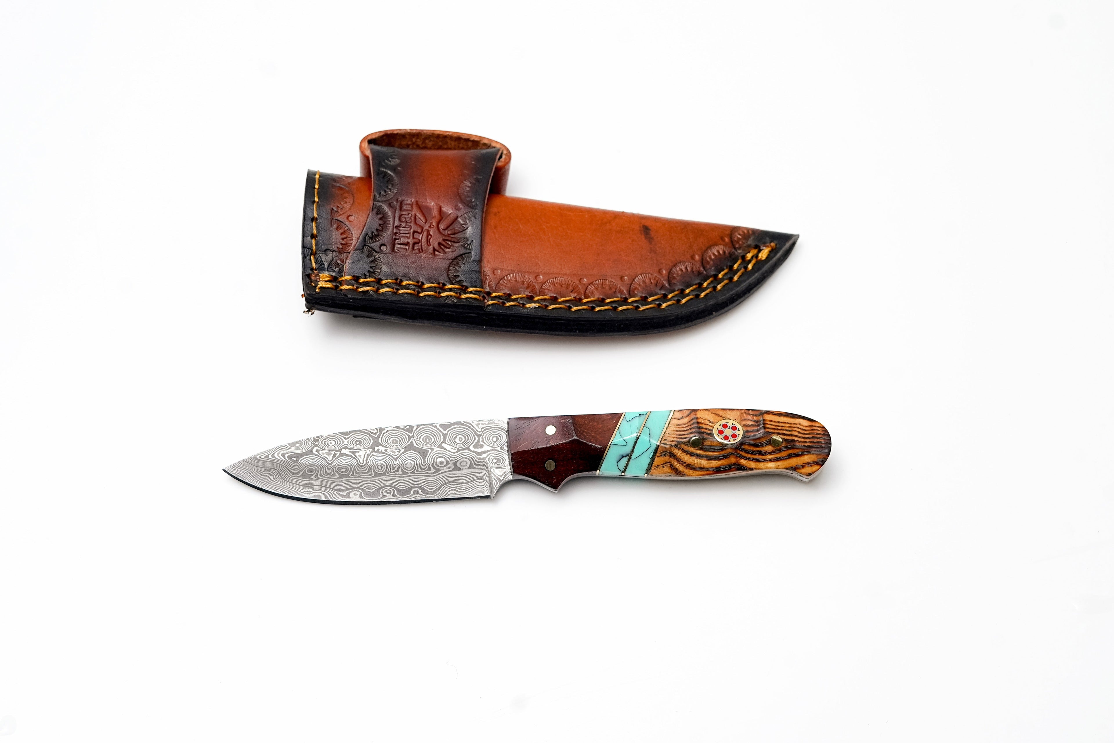 Custom Damascus Steel Drop Point Hunter | Zebrawood, Rosewood & Turquoise Handle | Scout Carry TK-494