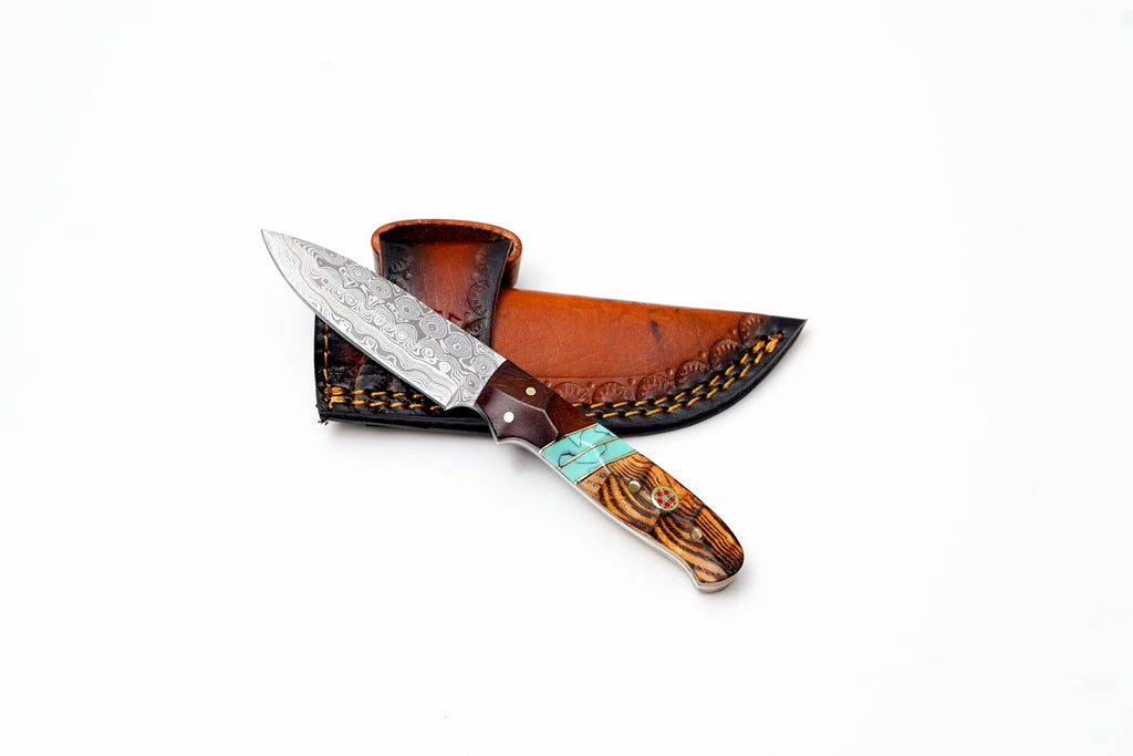 Custom Damascus Steel Drop Point Hunter | Zebrawood, Rosewood & Turquoise Handle | Scout Carry TK-494