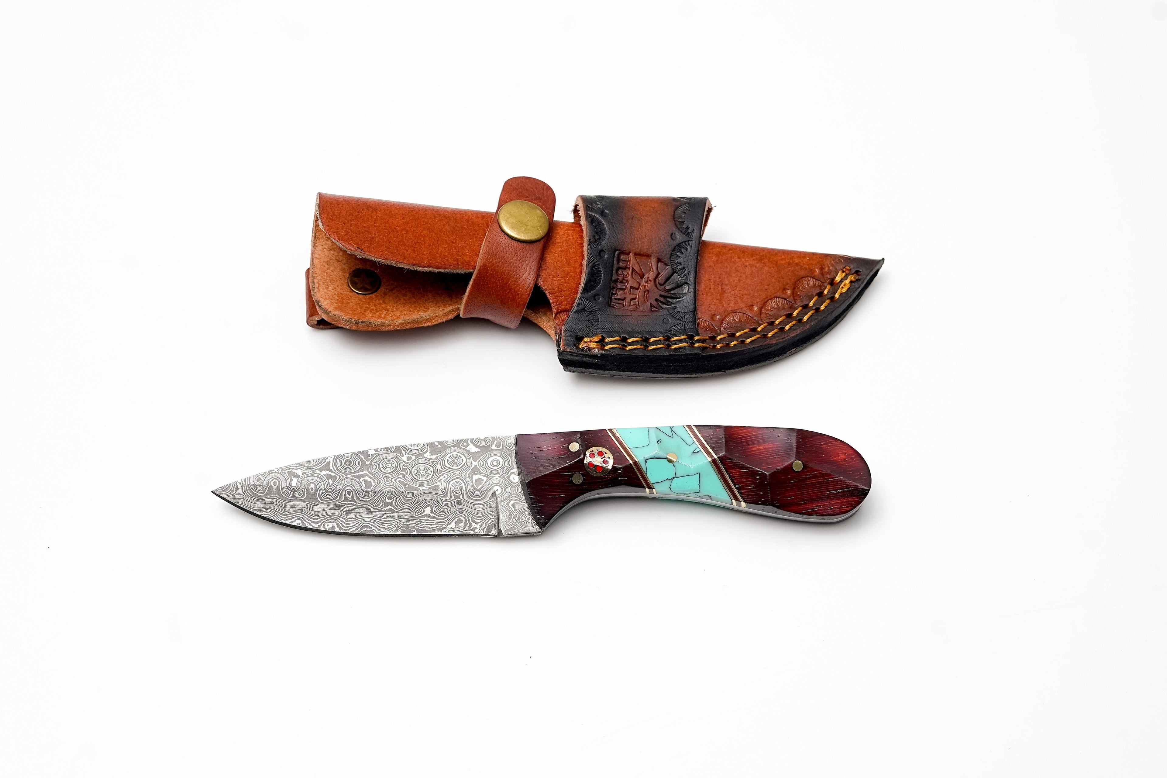 Damascus Steel Drop Point Hunter | Faceted Rosewood & Turquoise Handle | Scout Carry TK-497