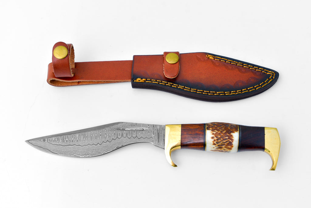 Damascus Steel Outdoor Chopping Tool | Stag Antler, Walnut Wood & Brass Handle TK-127