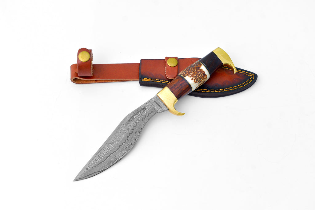 Damascus Steel Outdoor Chopping Tool | Stag Antler, Walnut Wood & Brass Handle TK-127