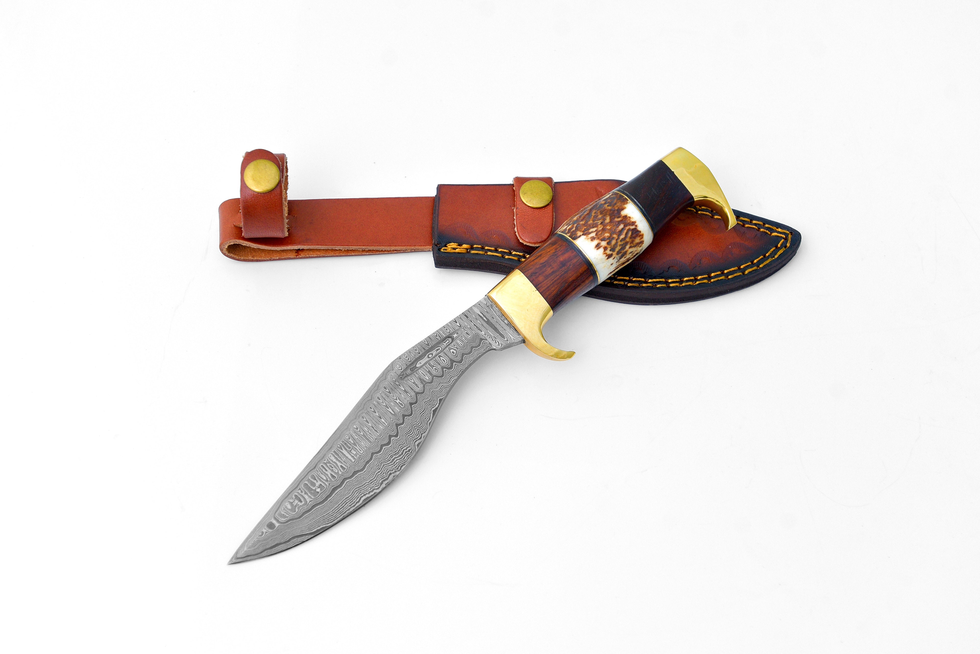 Damascus Steel Outdoor Chopping Tool | Stag Antler, Walnut Wood & Brass Handle TK-127