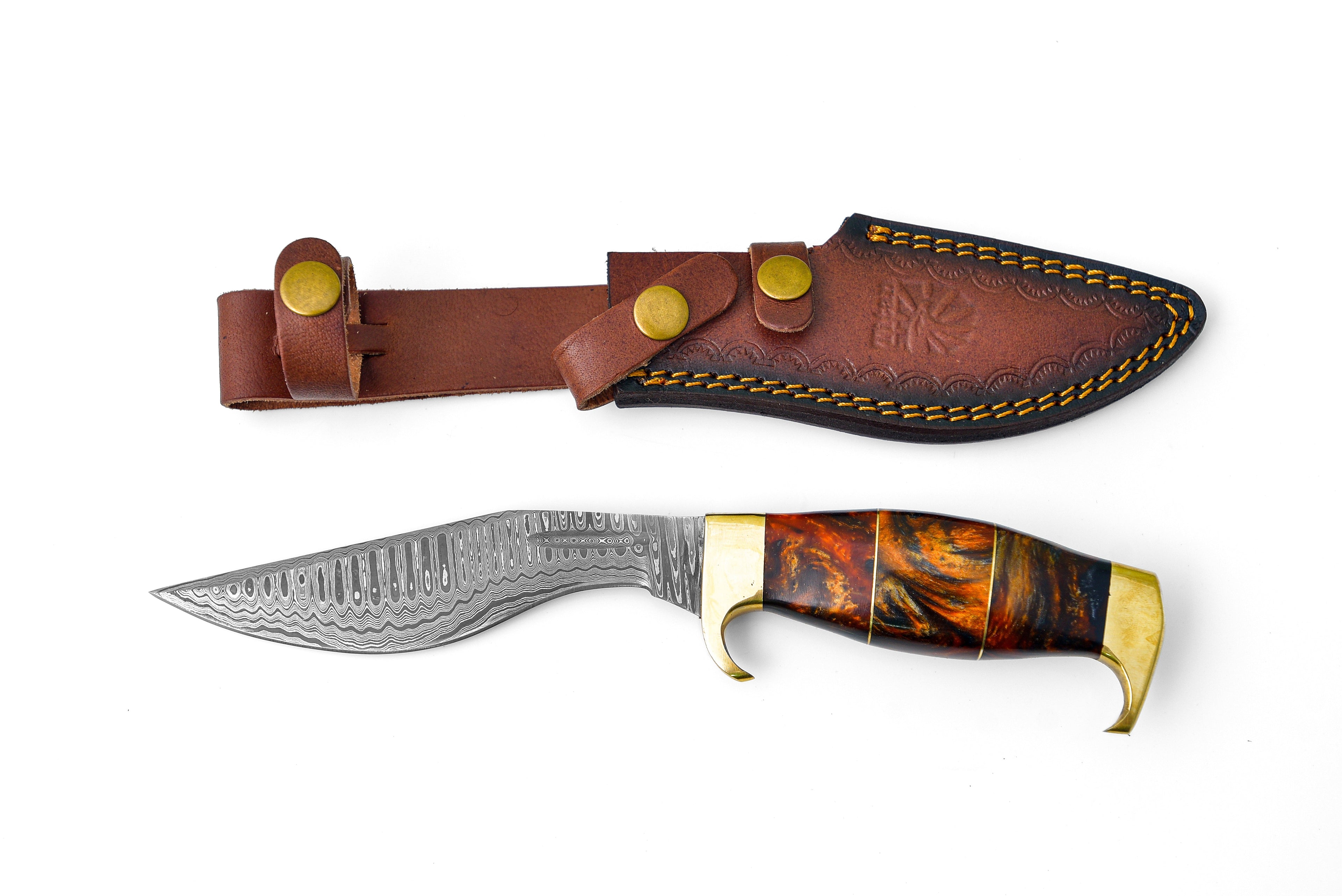 Damascus Steel 'Galaxy' Outdoor Chopping Tool | Orange Resin & Brass Handle TK-206