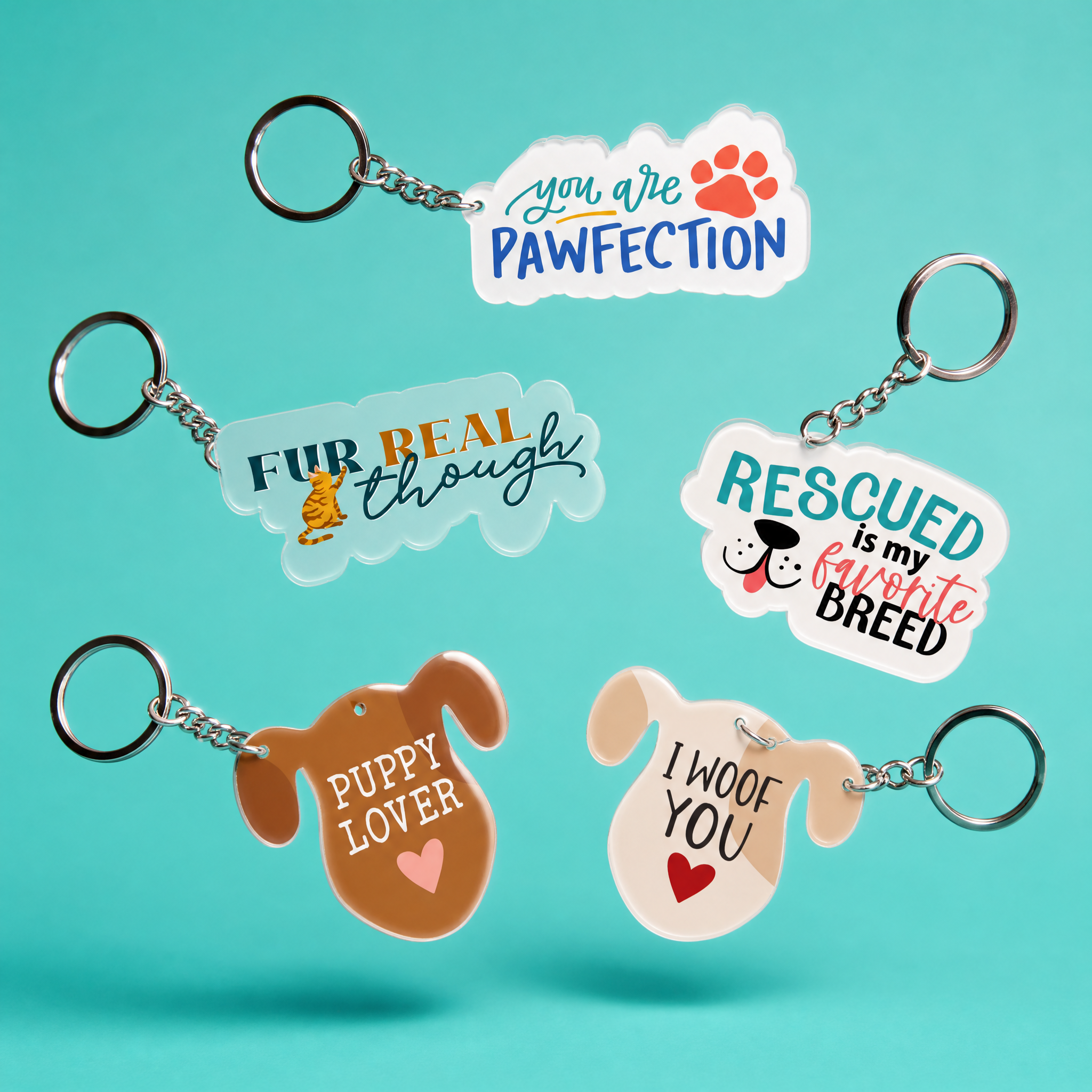 Dog-Themed Acrylic Keychains | 5 Style Options | Rescue Favorite Breed, I Woof You & Puppy Lover