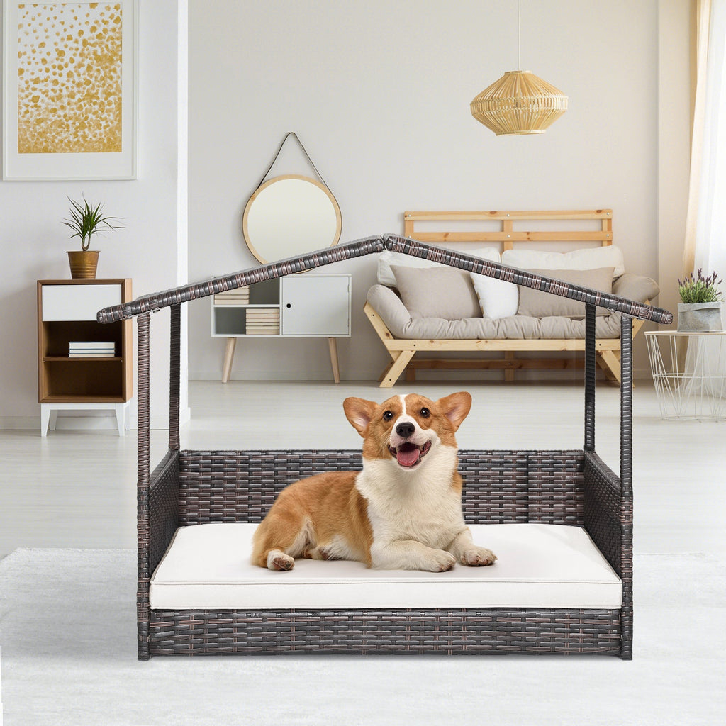 Outdoor Wicker Dog House with Weatherproof Roof-White