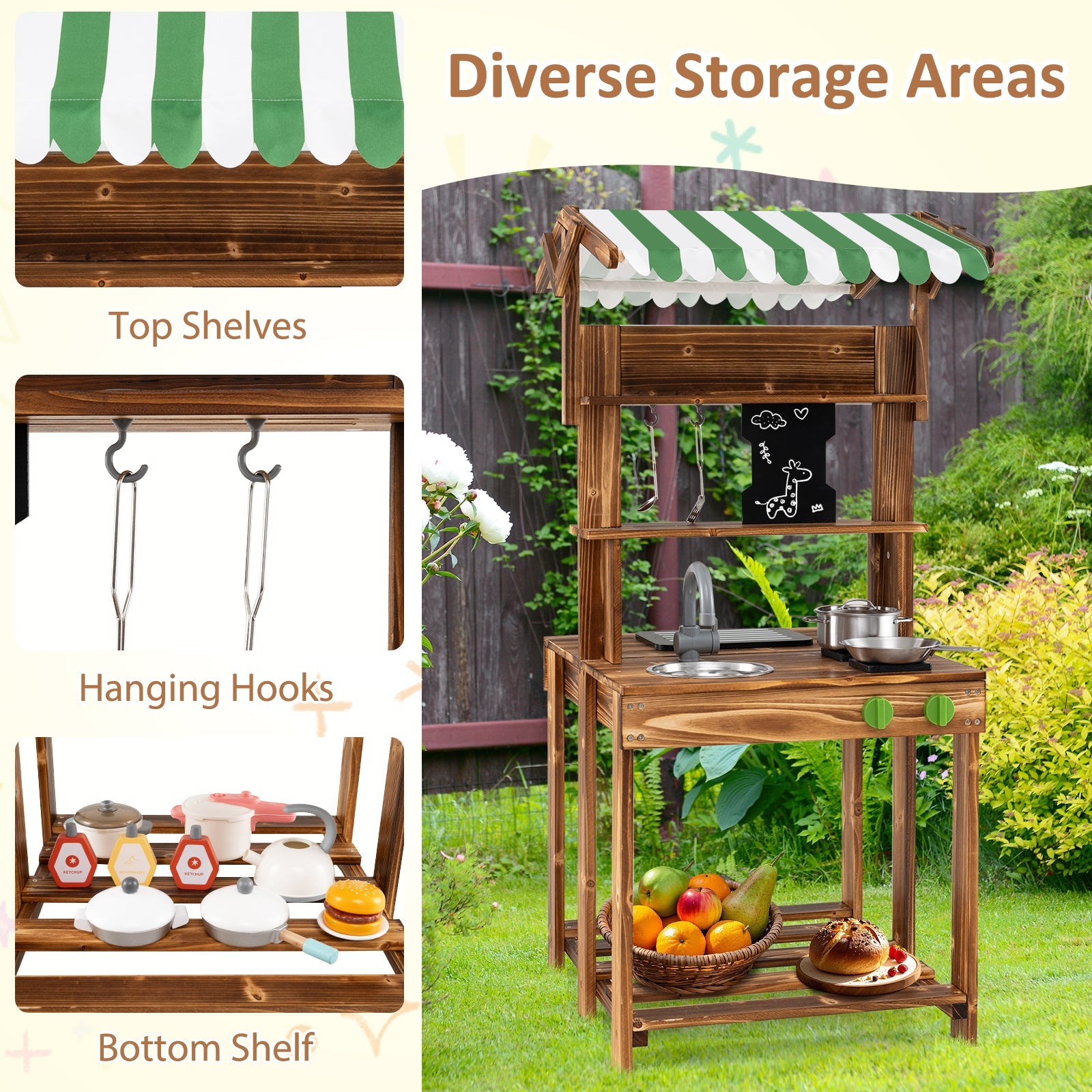 Double-Sided Mud Kitchen with Canopy and Chalkboard for 3+ Years Old-Natural