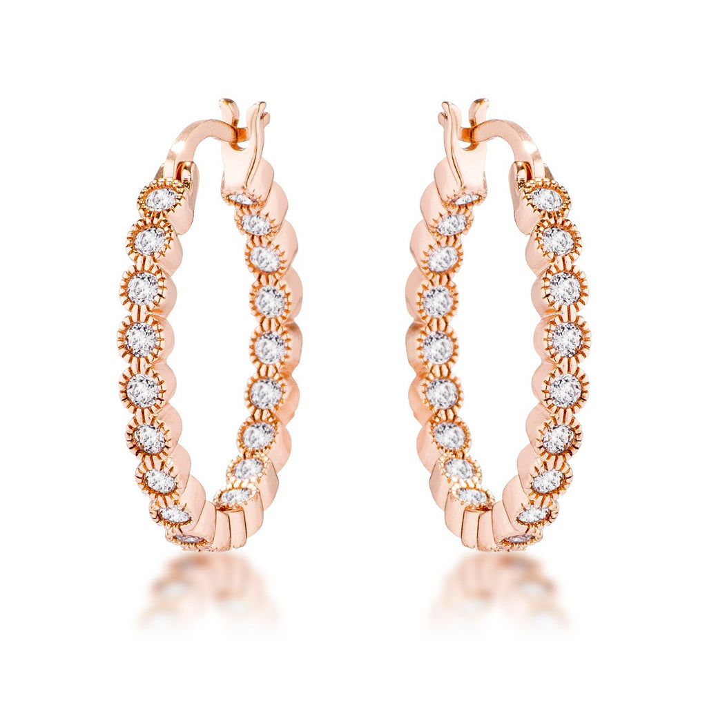 Avera Dotted CZ Round Bezel Hoop Earrings in Pink