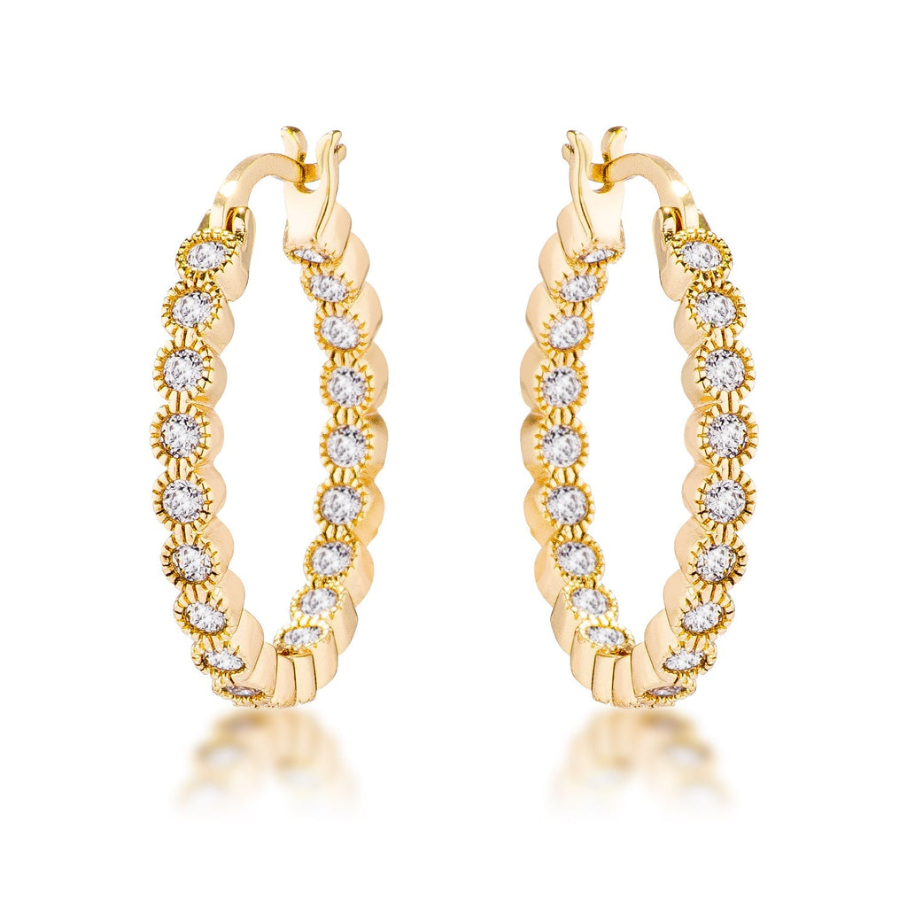 Avera Dotted CZ Round Bezel Hoop Earrings in Pink