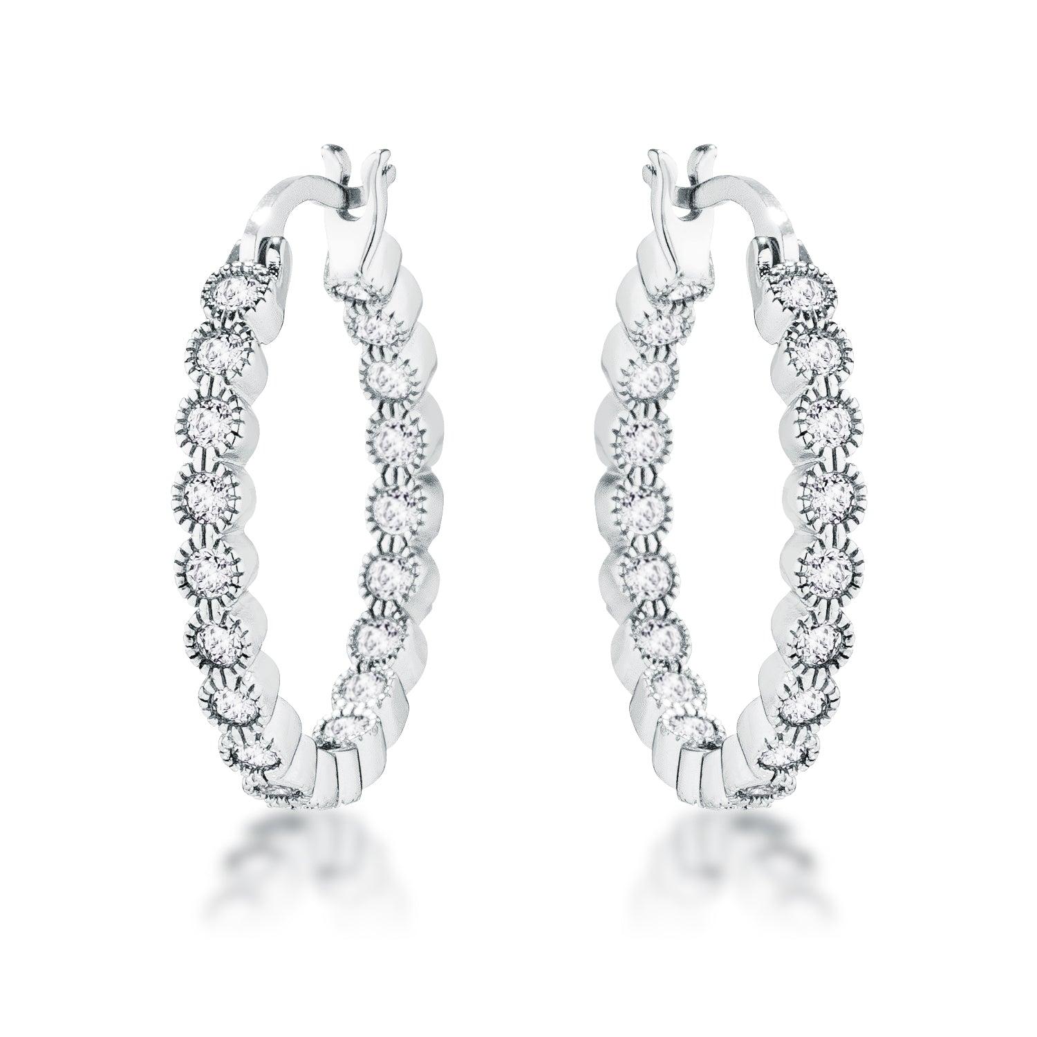 Avera Dotted CZ Round Bezel Hoop Earrings in Pink