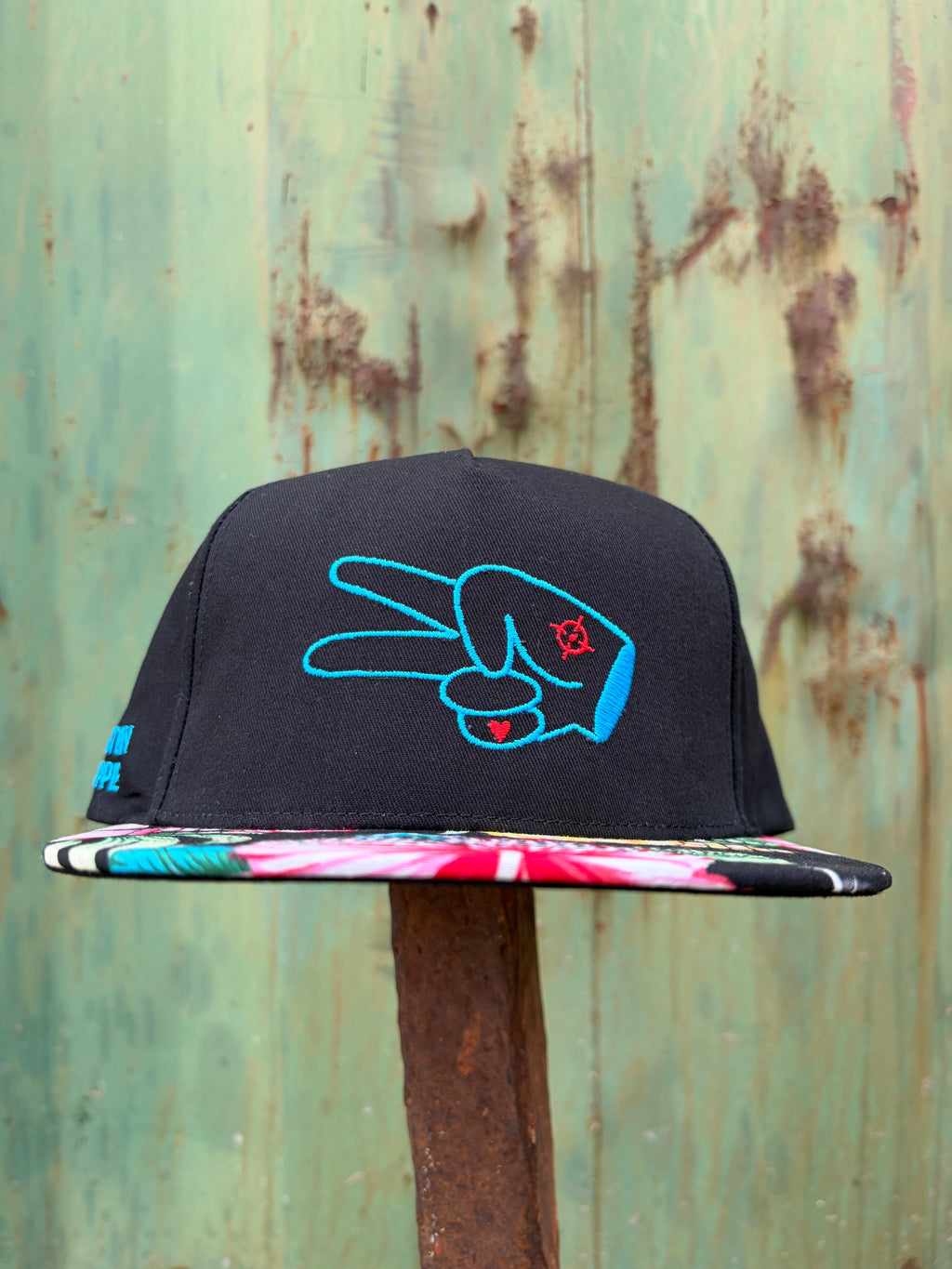 PL Series 5 Panel Snapback Hat- BLACK/FLOWER- BLUE LOGO w/ BOLD style