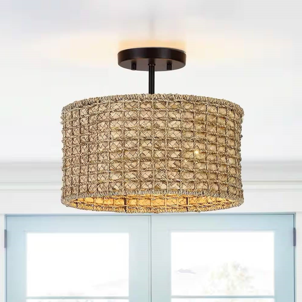 Bohemian 13.6-inch Round Rattan Drum 2-Light Ceiling Light - Semi-Flush Mount