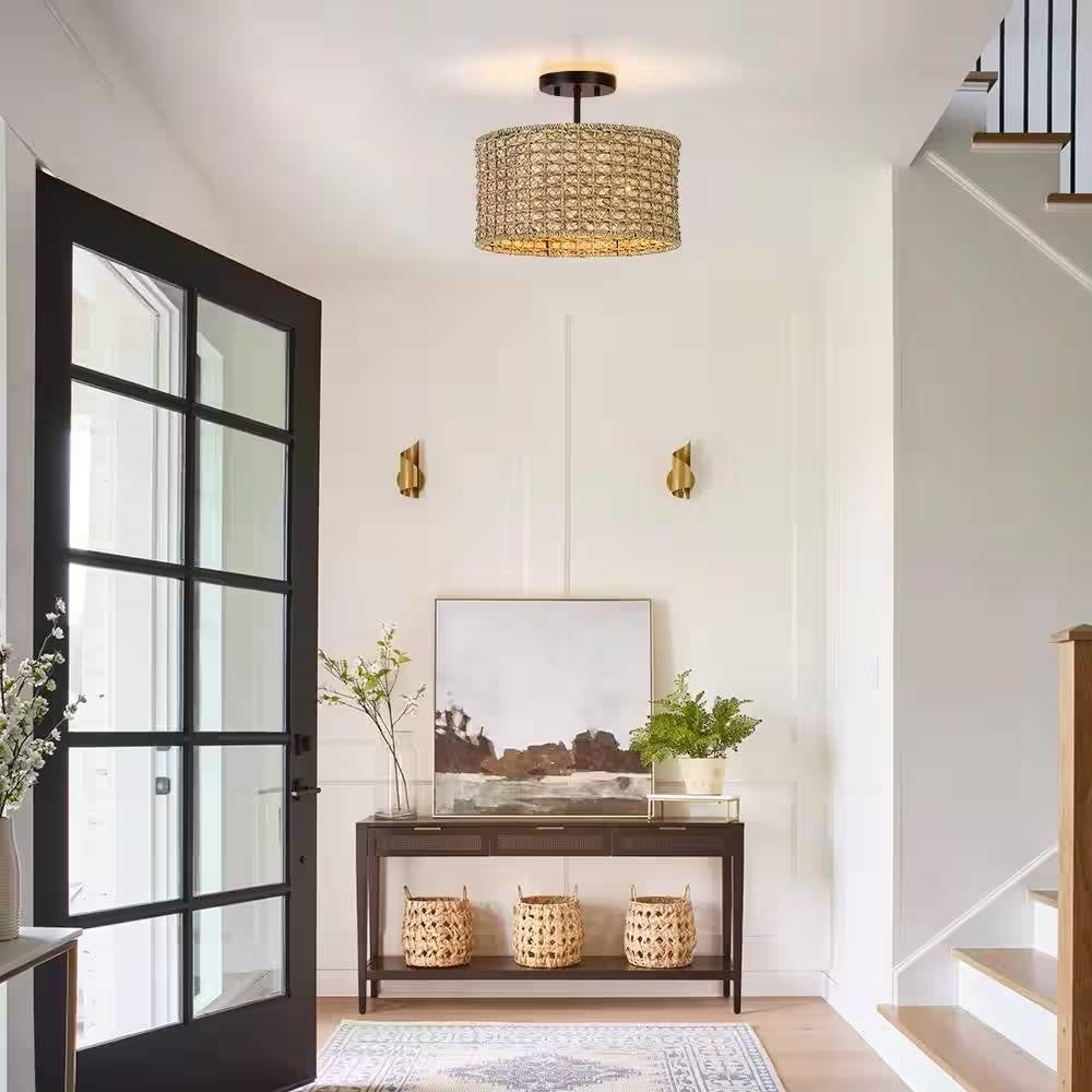 Bohemian 13.6-inch Round Rattan Drum 2-Light Ceiling Light - Semi-Flush Mount