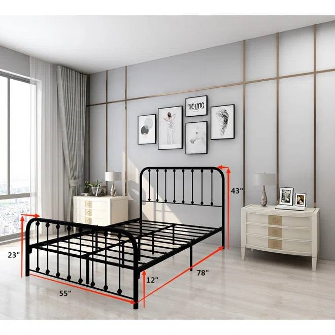 Full size Classic Black Metal Bed Frame with Slatted Headboard and Footboard