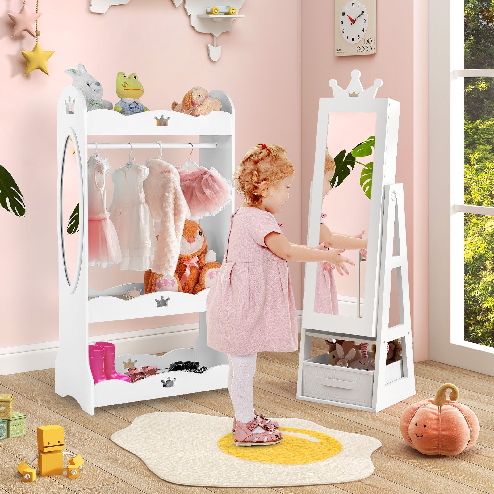 Free-Standing Full Length Kids Jewelry Armoire Cabinet with Storage Capacity-White