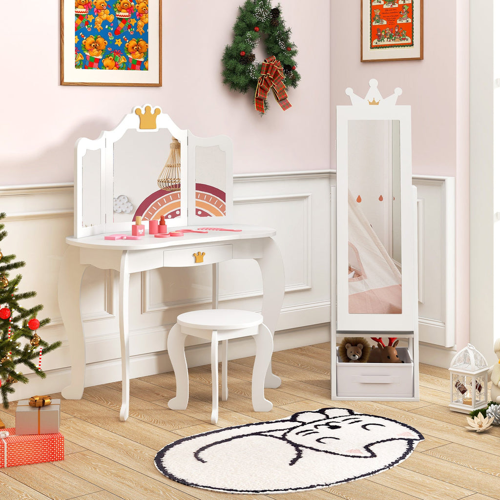 Free-Standing Full Length Kids Jewelry Armoire Cabinet with Storage Capacity-White
